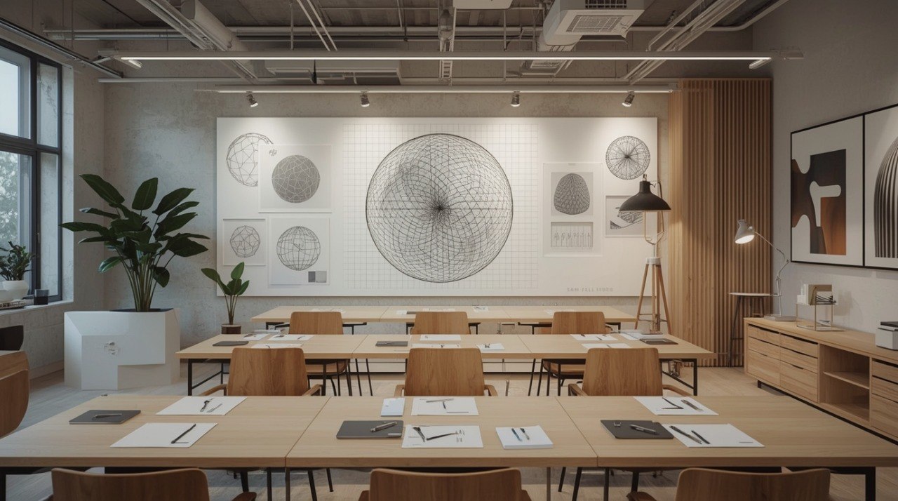 Modern conference room with wooden tables, chairs, and a large wall art piece.
