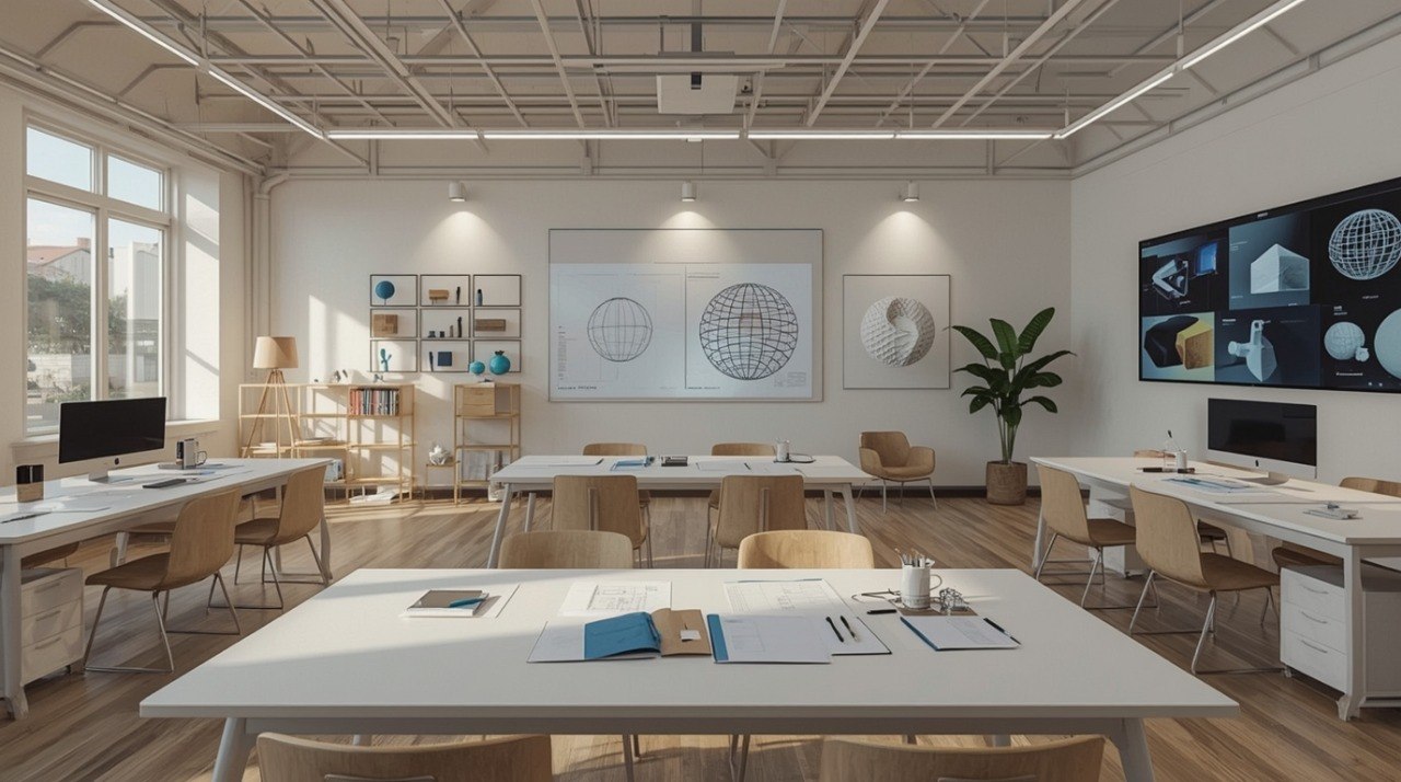 Modern office space with desks, chairs, and a large screen displaying blueprints.