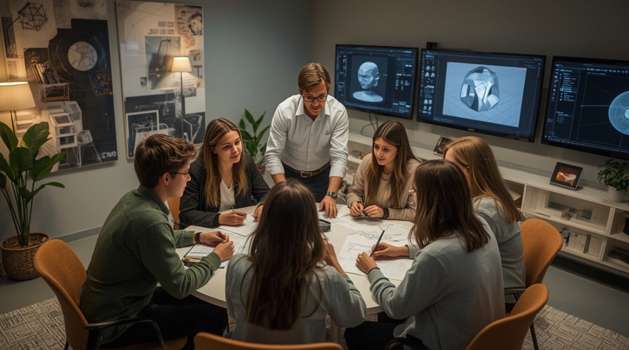 Group of people in a meeting room with computer monitors displaying 3D models.