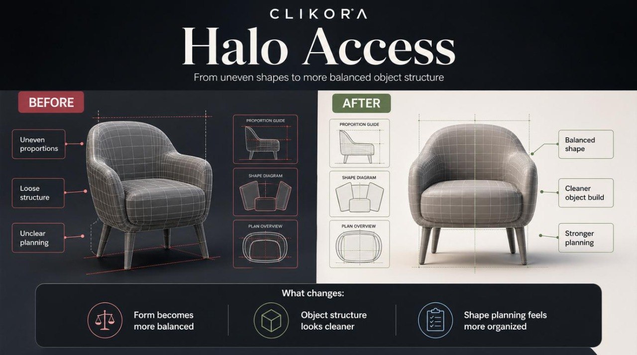 Clikora Halo Access software before and after comparison of a chair design.