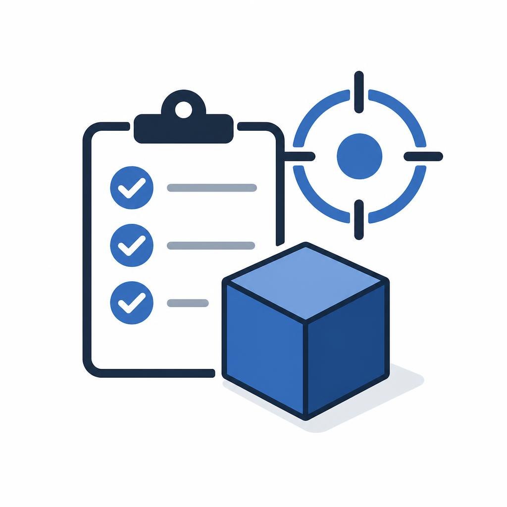 Icon of a blue cube with a checklist and target on a white background
