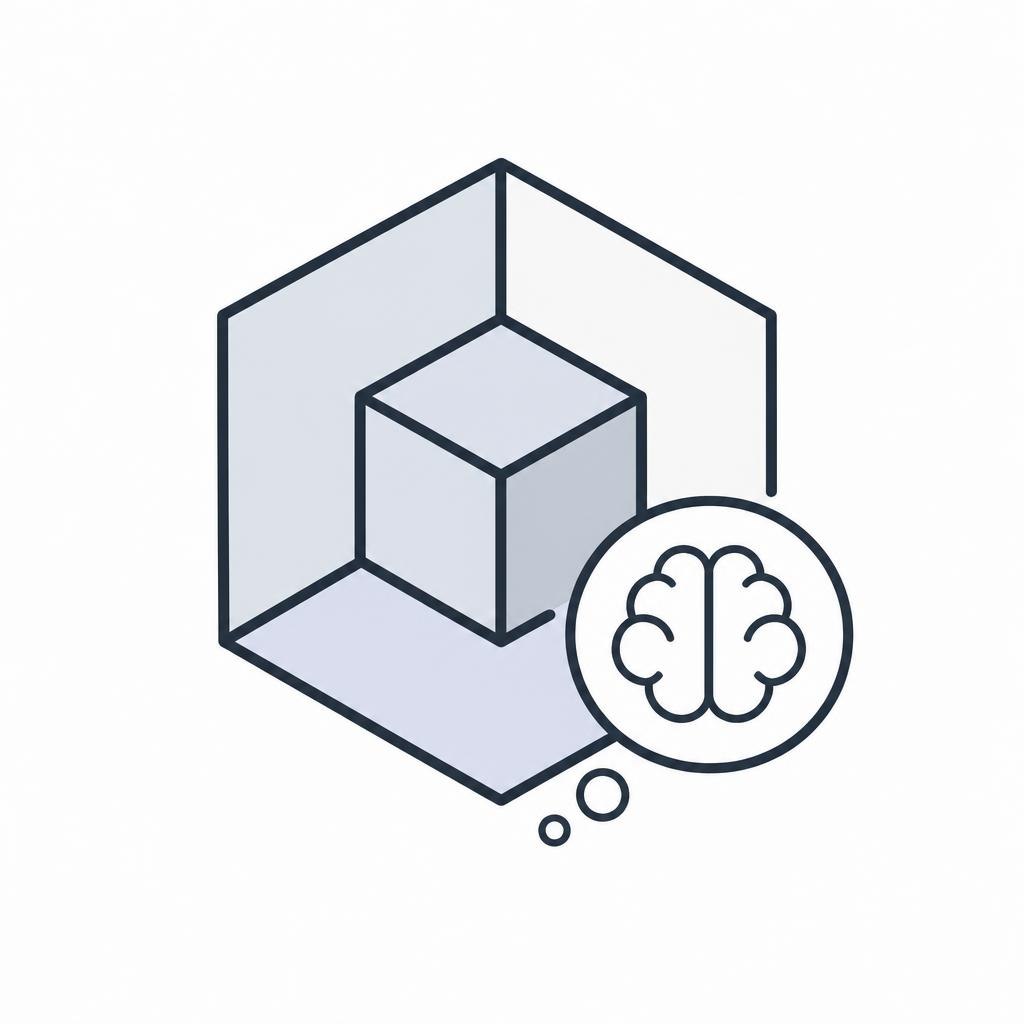 Icon of a cube with a brain inside on a white background