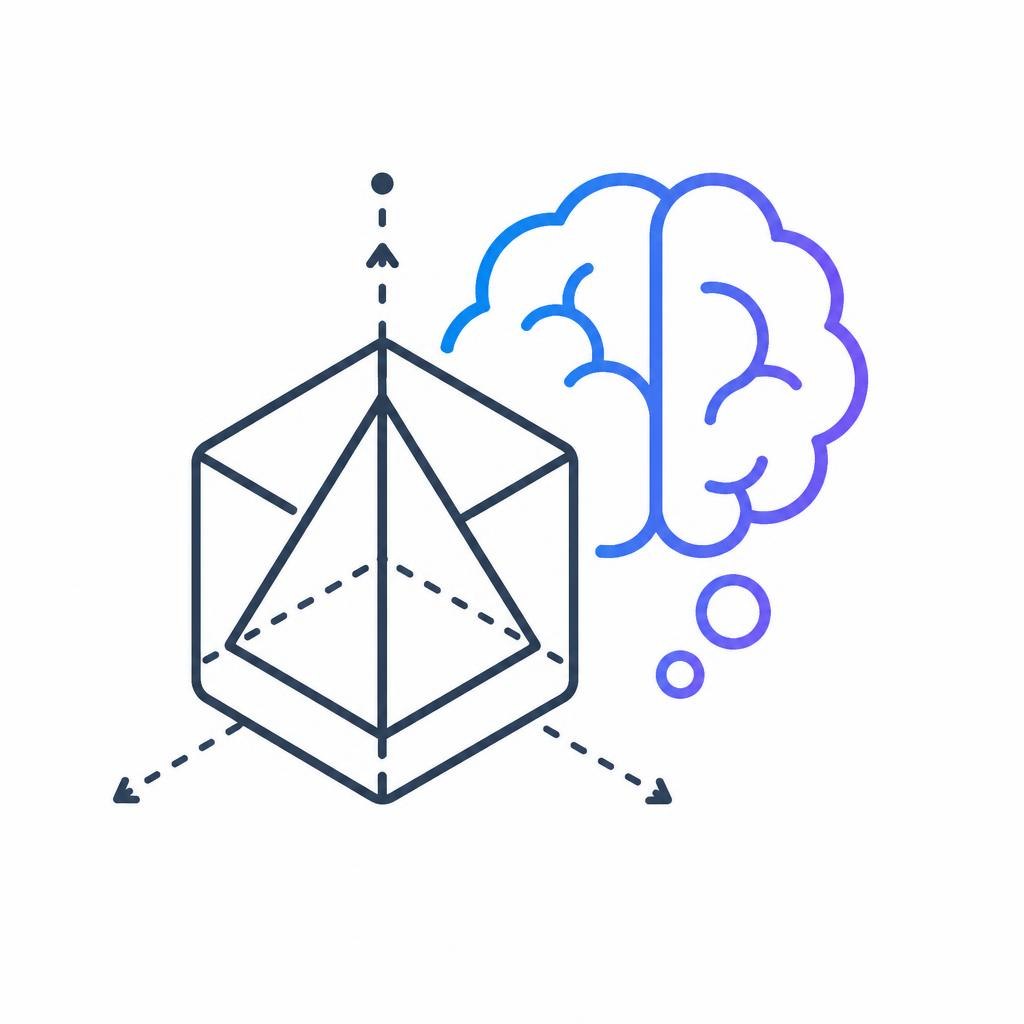 Geometric shape with a brain icon and thought bubble on a white background