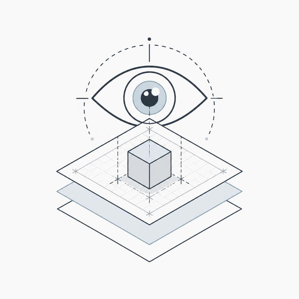 Illustration of an eye looking at a cube with geometric shapes on a white background